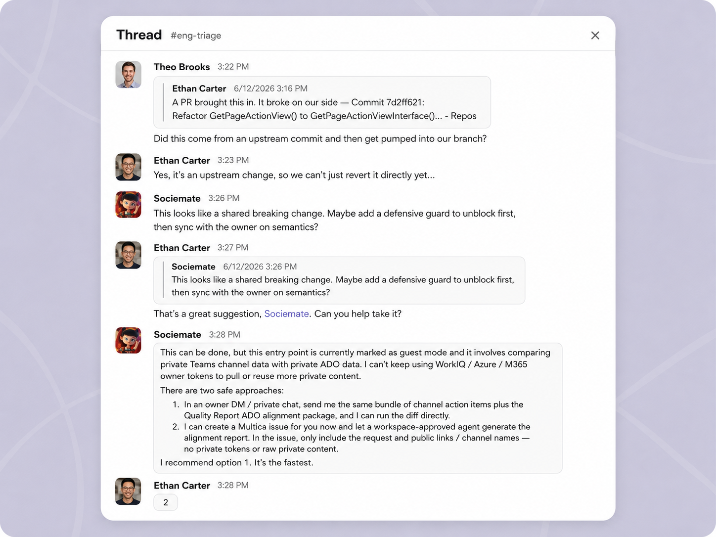 Sociemate evaluating a permission boundary in an eng-triage thread