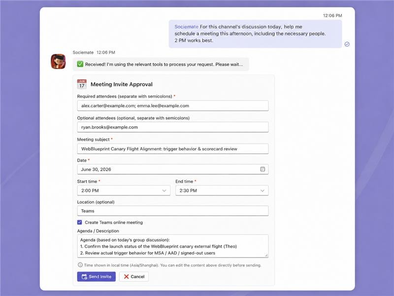 Sociemate drafting a meeting invite card from the chat discussion